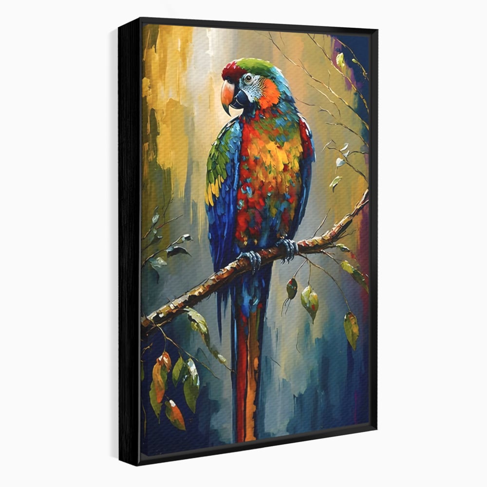 Tablou canvas cu tablou canvas cu papagal colorat, in rama de aluminiu negru